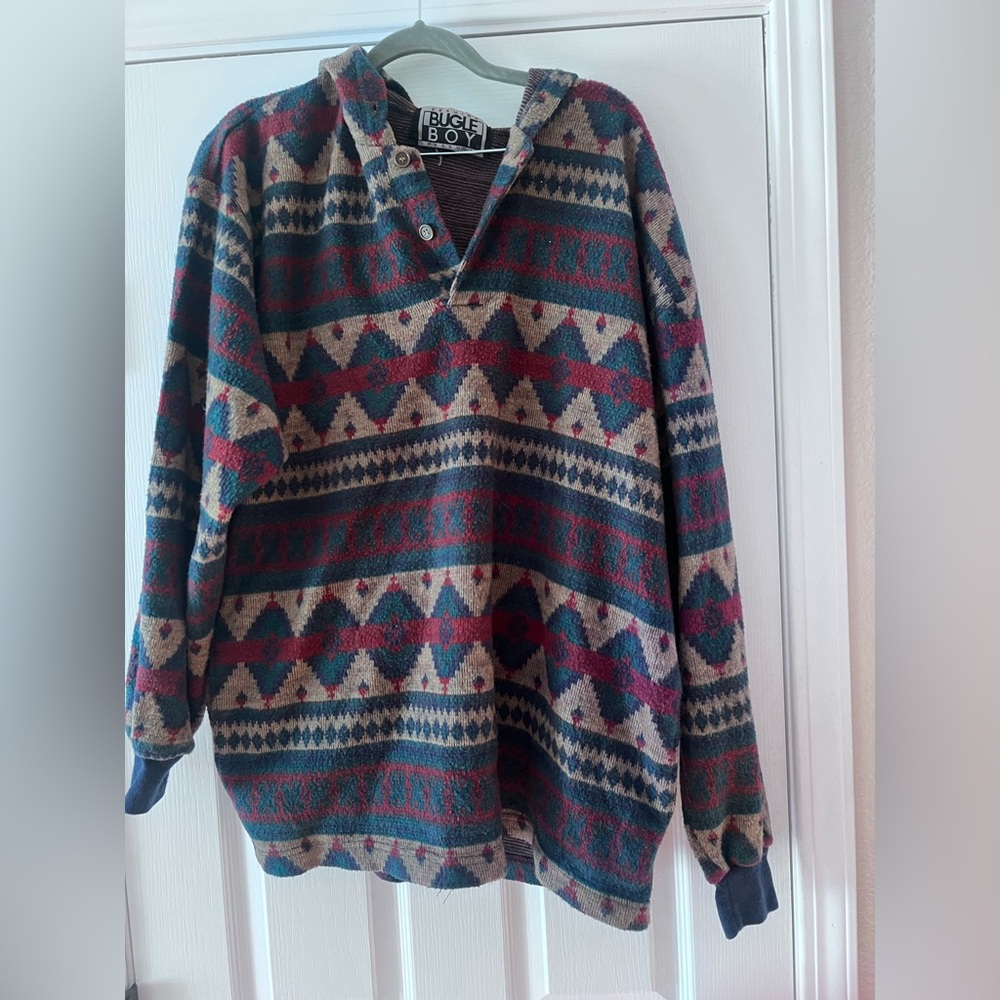 Vintage Blue Boy Geometric Patterned Hoodie Sweater - Women’s XL